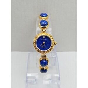 Vintage Lucoral Diamond Quartz Lapis Lazuli Bracelet Watch Gold Tone New Battery